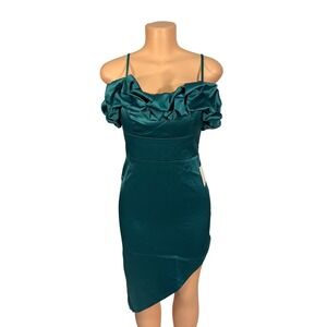 Pearl Culture Emerald Green Satin Ruffle Off Shoulder Cocktail Dress Size 4